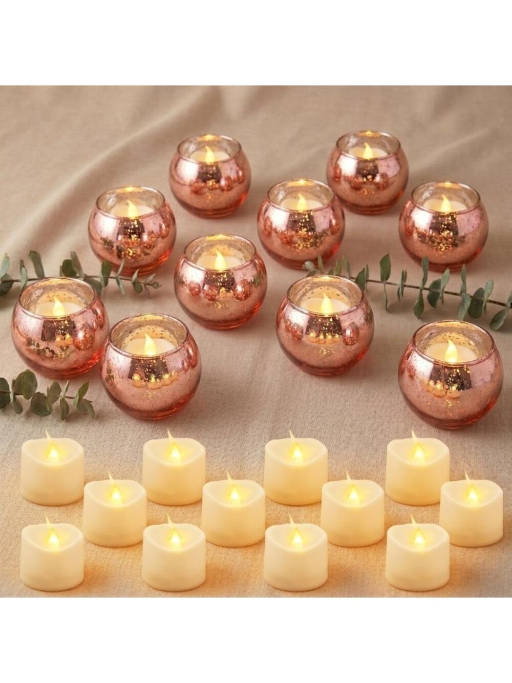 Elegant Pink Mercury Glass Votive Candle Holders - Set of 12 Tea Light Holders